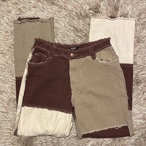 Jaded London High Rise Brown Patchwork Boyfriend Jeans